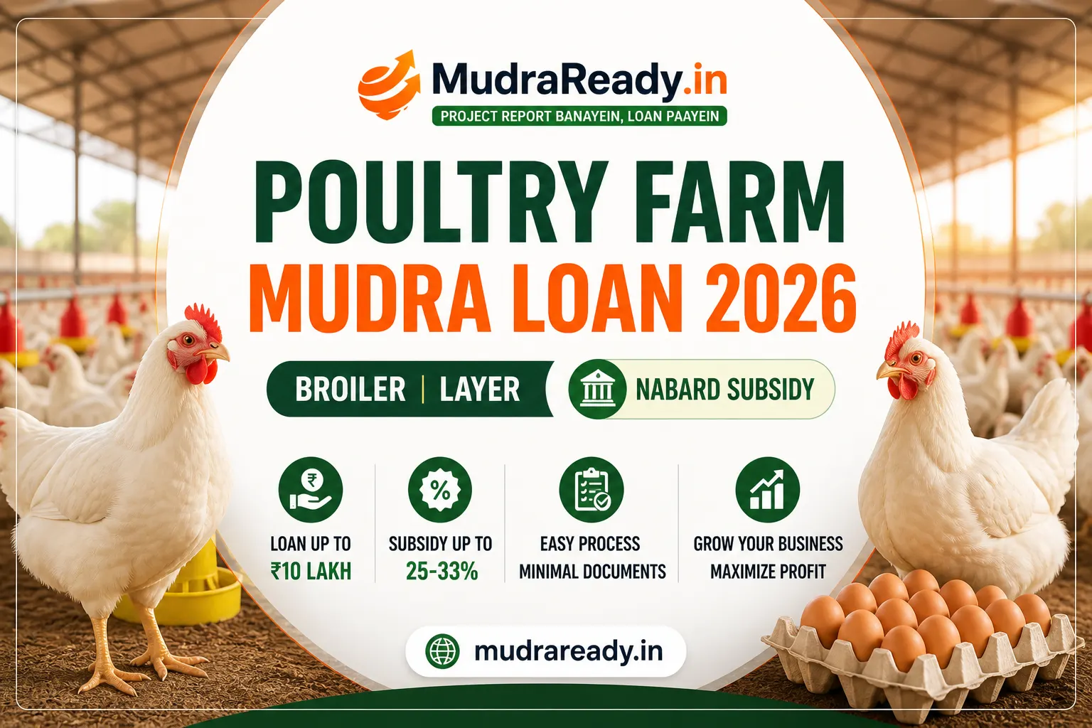 Poultry Farm ke Liye Mudra Loan 2026 — Broiler, Layer, NABARD Subsidy — Poori Jaankari